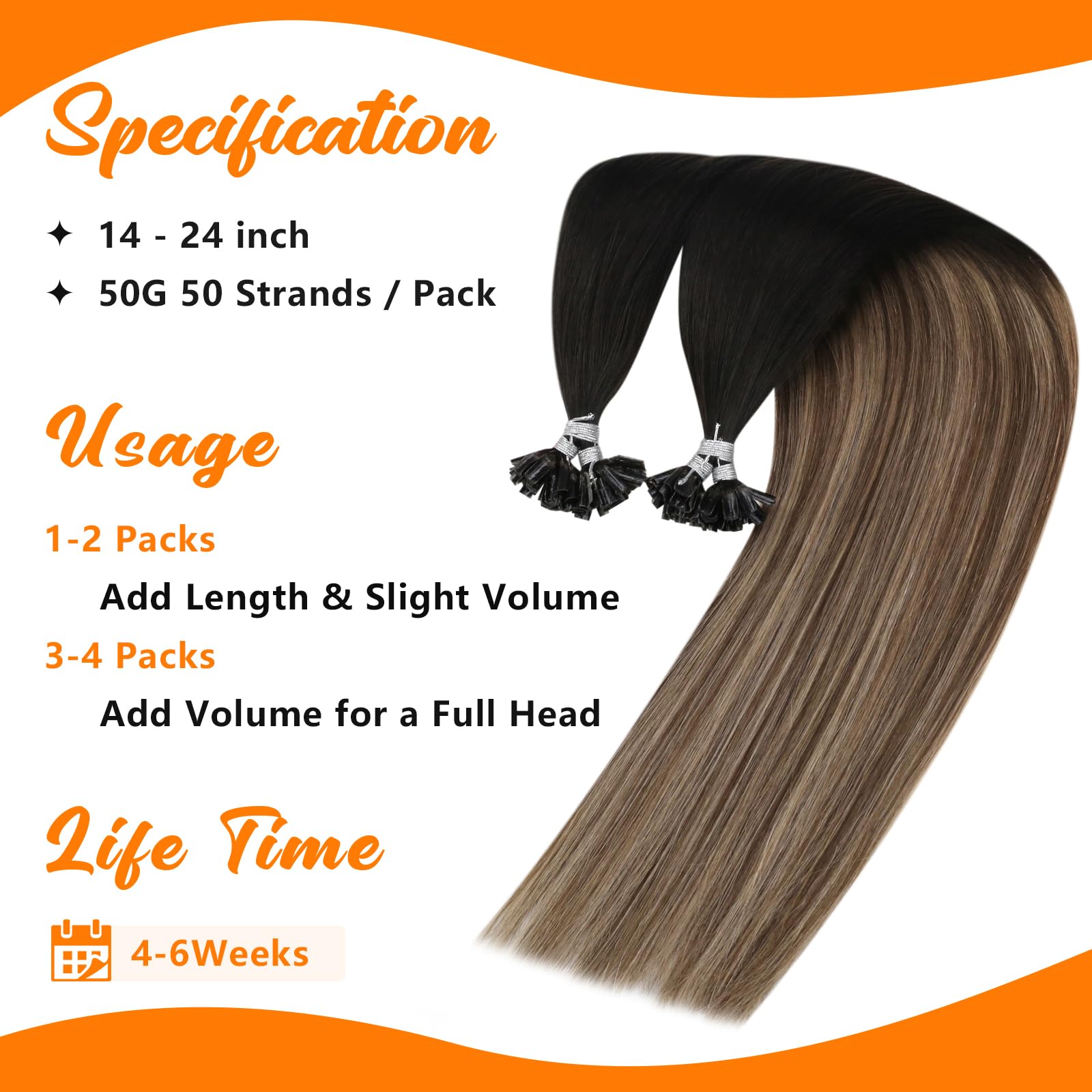 Sunny U/Nail Tip Przedłużanie Włosów Keratyna Natural Black #1B do Ciemnego Brązu #4 z Blond Ciemny Popiół #18 Przedłużanie Keratyna Włosy 18Cal/45cm 50g