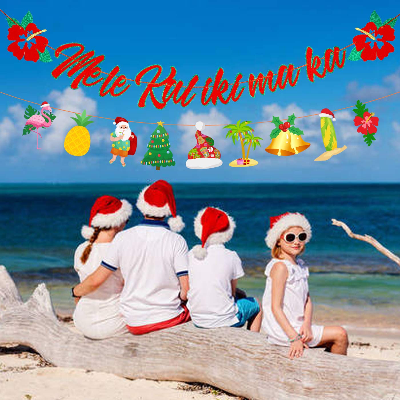 Rotes Glitzer-„Mele Kalikimaka“-Banner – Hawaii-Weihnachtsdeko Zum Selberbasteln, Buchstaben 10–15 Cm, 1,8–2,4 M Lang