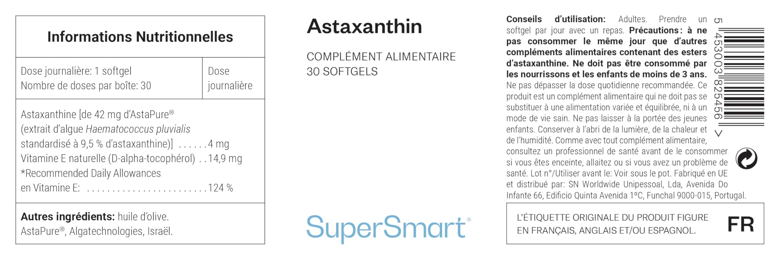 Astaxanthine - Puissant Antioxydant - Extrait d’Algue Haemotococcus Pluvialis Standardisé à 9,5% d'Astaxanthine - Contribue à Réduire l’Inflammation - Vegan - Sans Gluten - SuperSmart