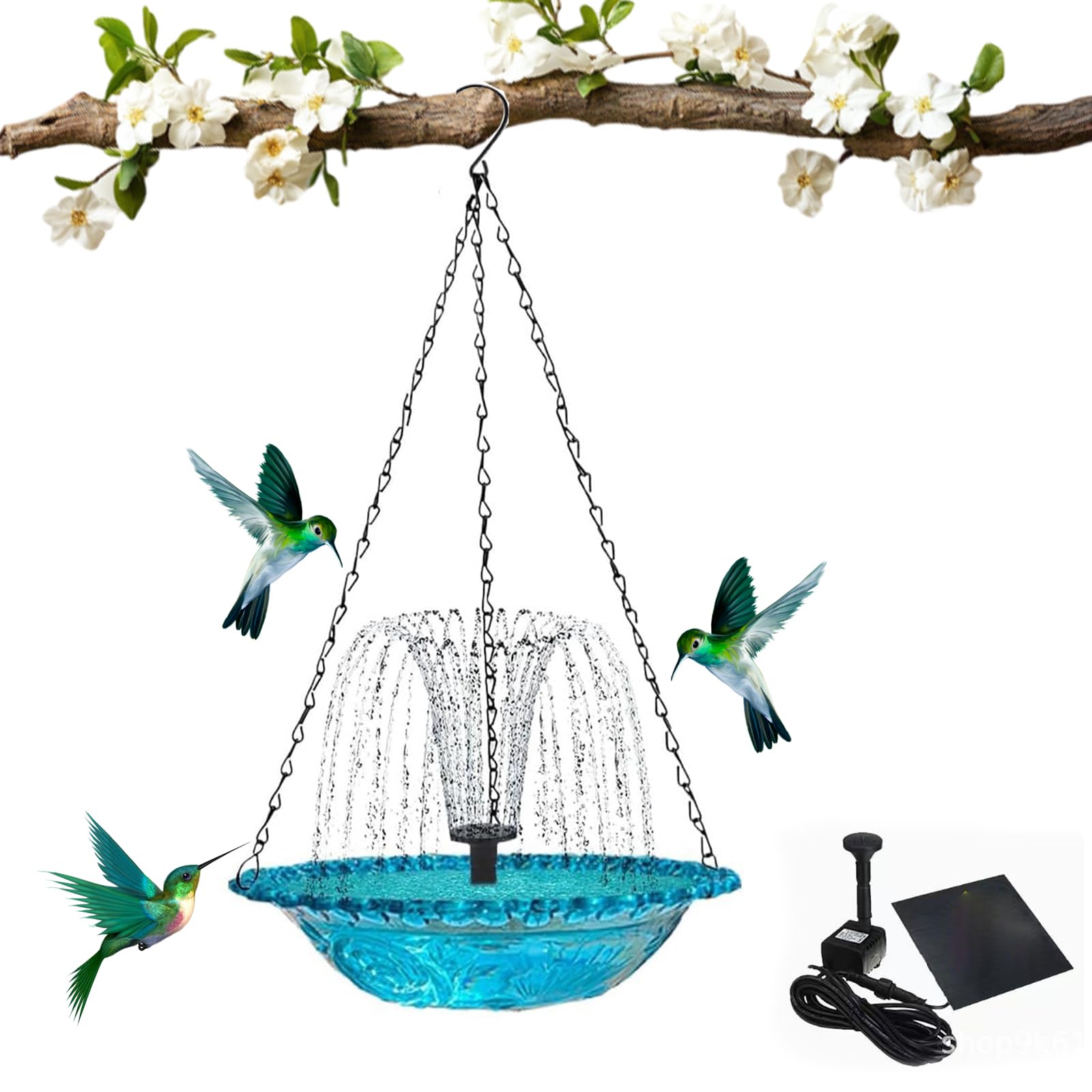 Solar Cascade Hanging Bird Bath Fountain, Outdoor Hanging Bird Bath Fountain with Solar Pump & Bowl, Attracting Wild Birds, Outdoors Decor for Garden, Patio, Lawn Decor (Single Blue)