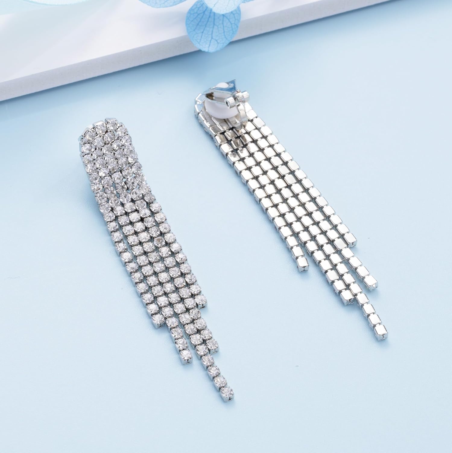 SELOVO Tassel Fringe Dangle Earrings Clear Crystal Party Drop Clip On Earrings - Image 3