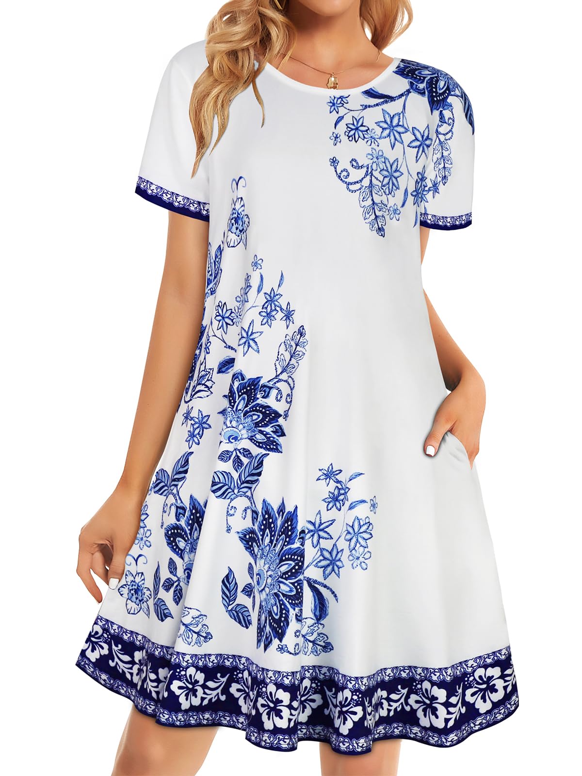 elescat Womens Summer Dresses Casual Loose Tshirt Floral Pockets Sundress | 2026 Boho Flowy Short Sleeve Dress, Two Hidden Pockets, Loose Beach Cover Up, Solid or Floral, Fashion Vacation Outfits