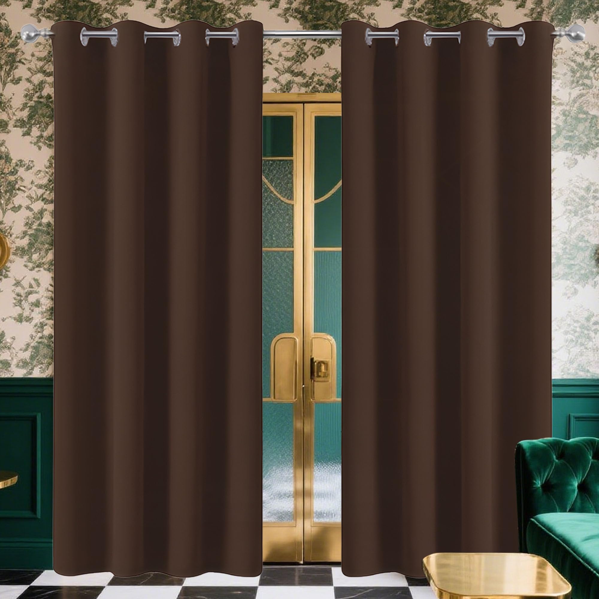 Rideaux à œillets 100% occultants en lin marron 280x260cm avec isolation thermique de chambre