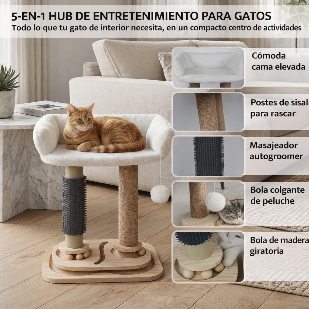 rascador Gato, rascador para Gatos, árbol para Gatos, Cama Gato, con Juguete Colgante y Cama, con Poste sisal, Base Antideslizante de Madera, Multifuncional Juego, Descanso y Cuidado
