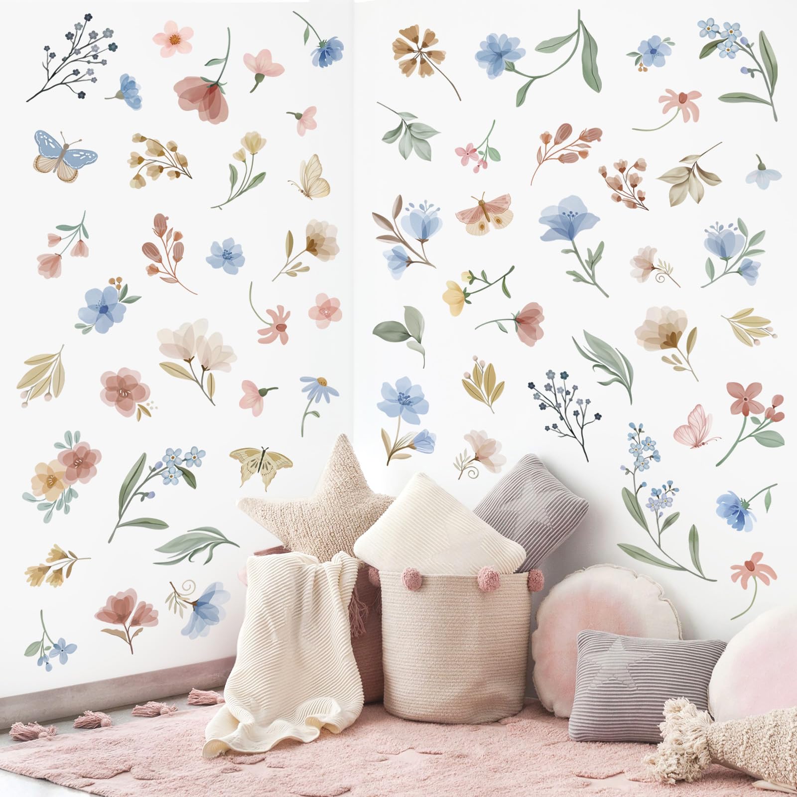wondever Boho Watercolor Flower Wall Stickers Blue Floral Leaves Butterfly Peel and Stick Wall Art Decals for Baby Nursery Girls Bedroom TV Wall - Image 2