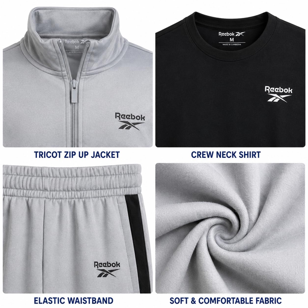 Reebok Conjunto deportivo de 3 piezas con chaqueta de punto con cremallera, camiseta y pantalones deportivos para niños