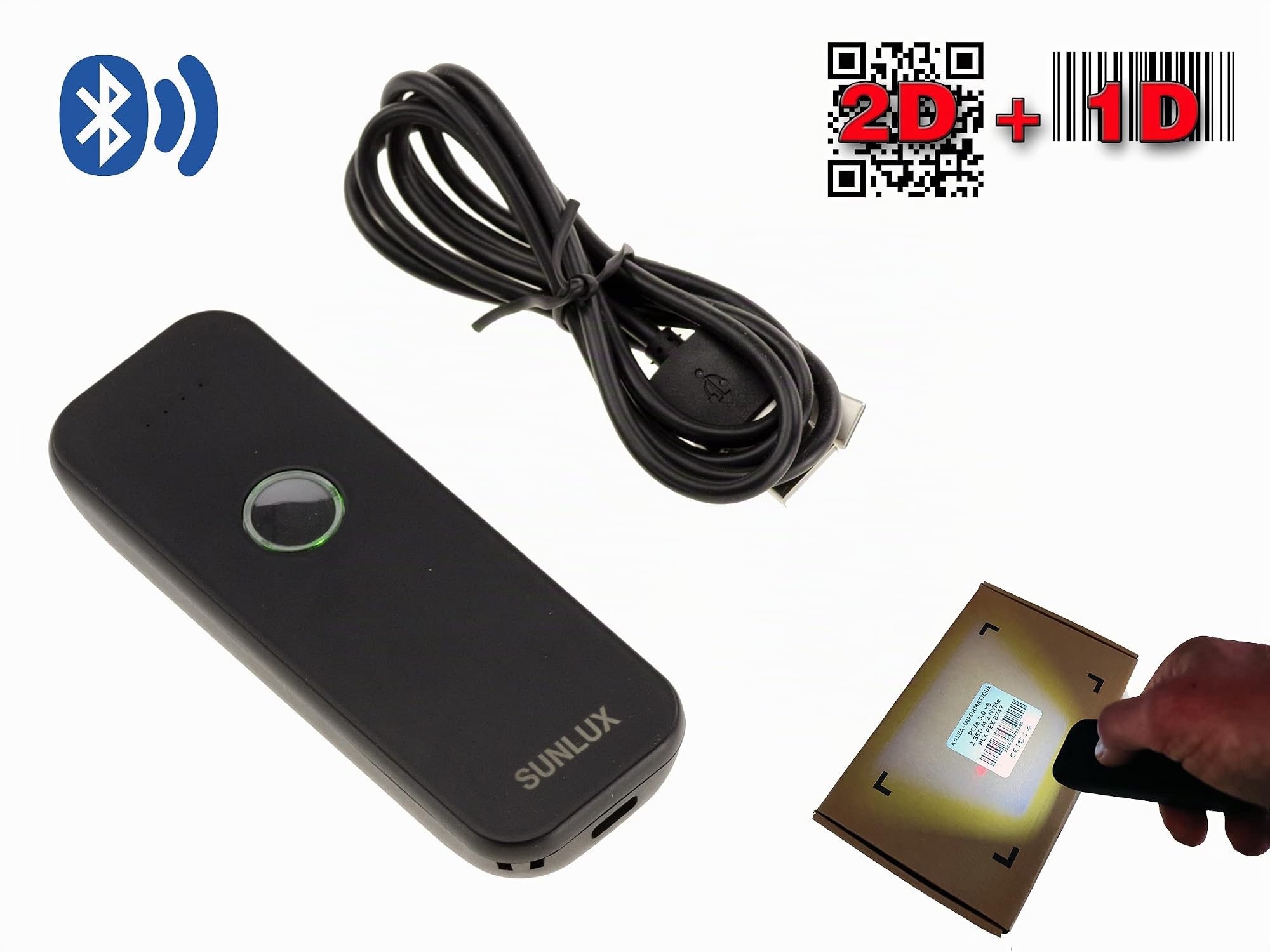 KALEA-INFORMATIQUE Douchette Scanner Portable pour PC ou Smartphone. Lecture des Codes à Barres EAN et carrés QRCodes, Bluetooth, Rechargeable.