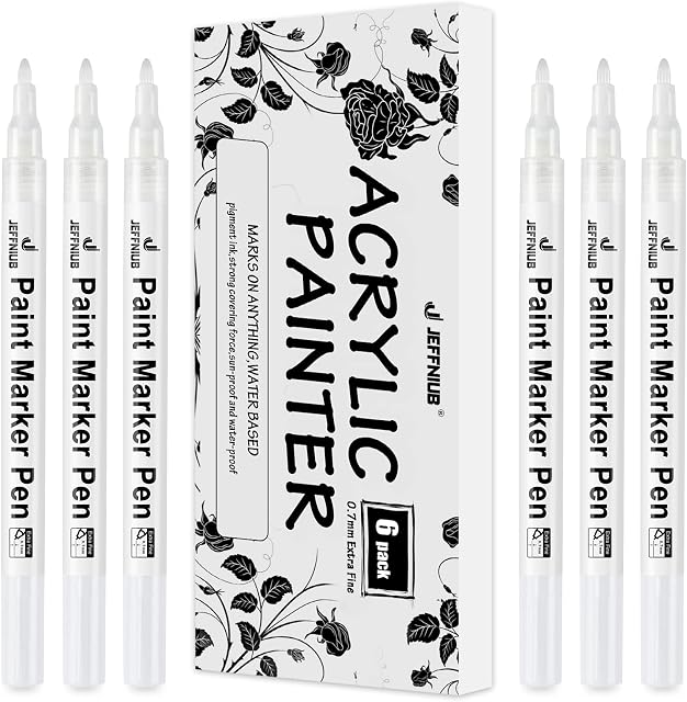 Acrylic Paint Pens, Set of 6 Permanent Markers 0.7mm Extra Fine Point Waterproof Art Pen for Stones,Canvas, Fabric, Wood, Metal and and DIY Painting - White