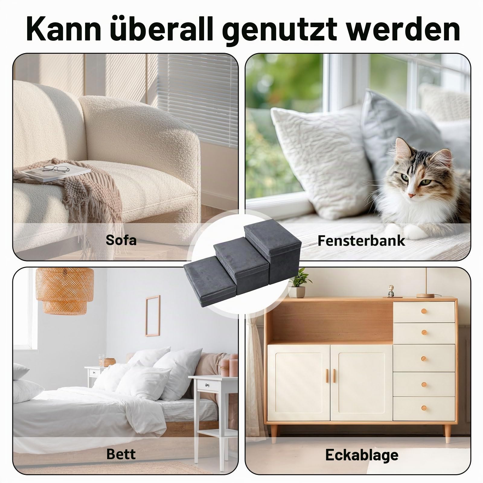 Hundetreppe mit Stauraum 3 Stufen Faltbar 75x40x30cm - Rutschfeste Haustiertreppe für Bett und Sofa - Extra Breite Hunderampe für Kleine und Große Hunde Katzen - Stabile Dog Stairs Dunkelgrau (Grau-3)