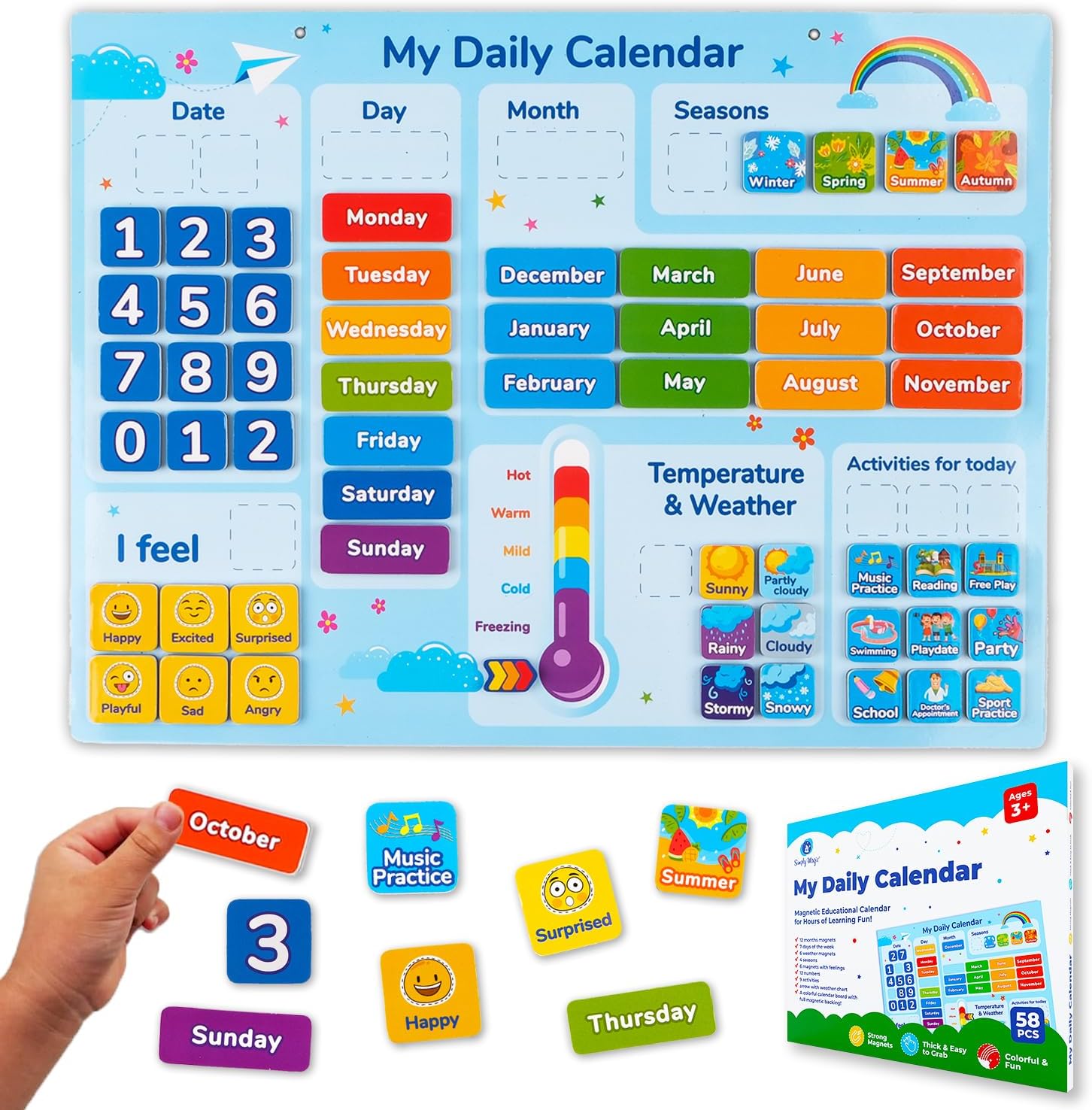 Simply magic 58 PCS Kids Calendar - My First Daily Magnetic Calendar with Weather and Feelings, Days of the Week, All About Today Board – Preschool Learning Chart for Wall or Fridge, Circle Time