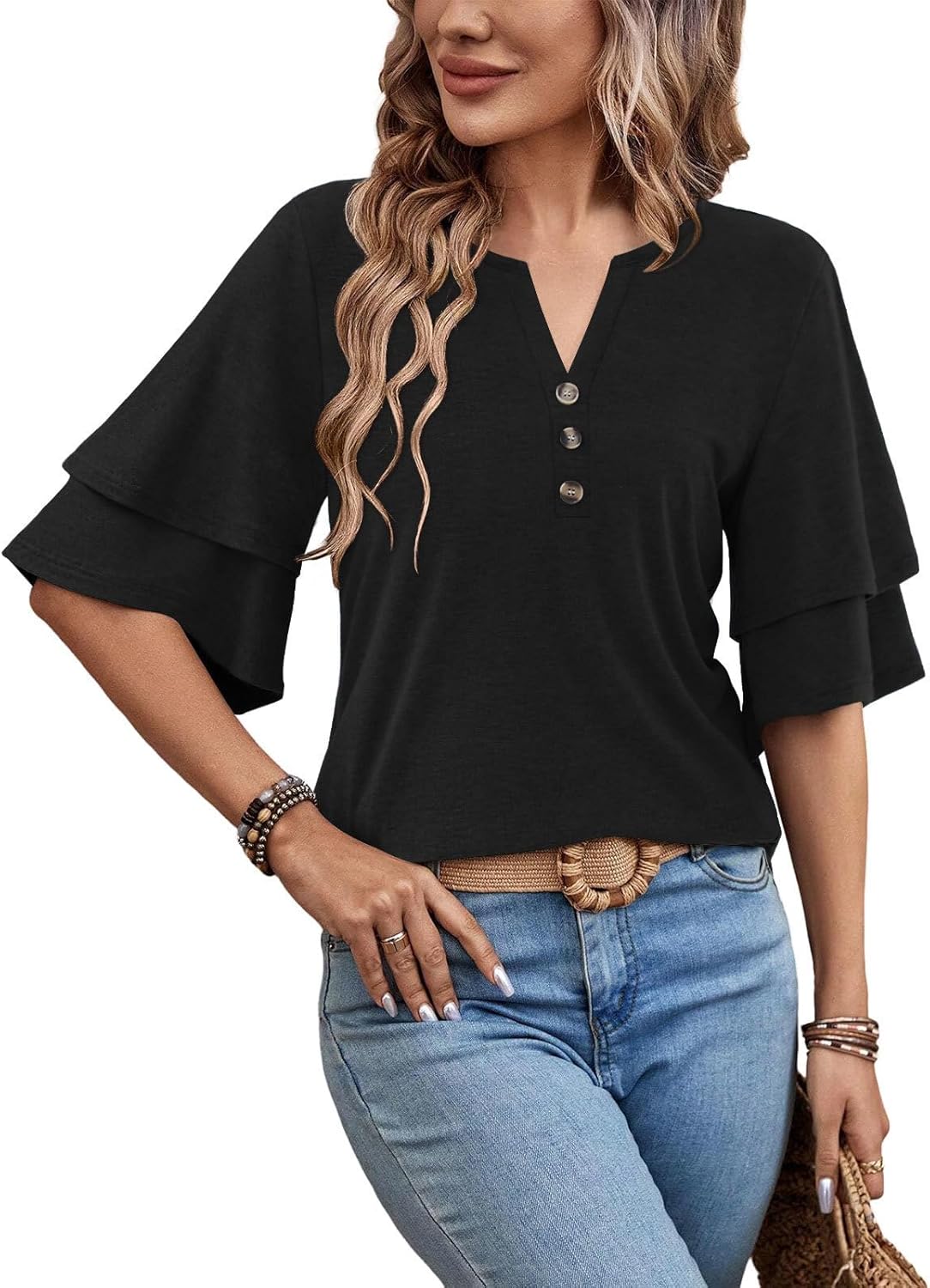 MixShe Tops for Women Split V Neck Button Ruffle Sleeve Casual Summer Lightweight Blouses