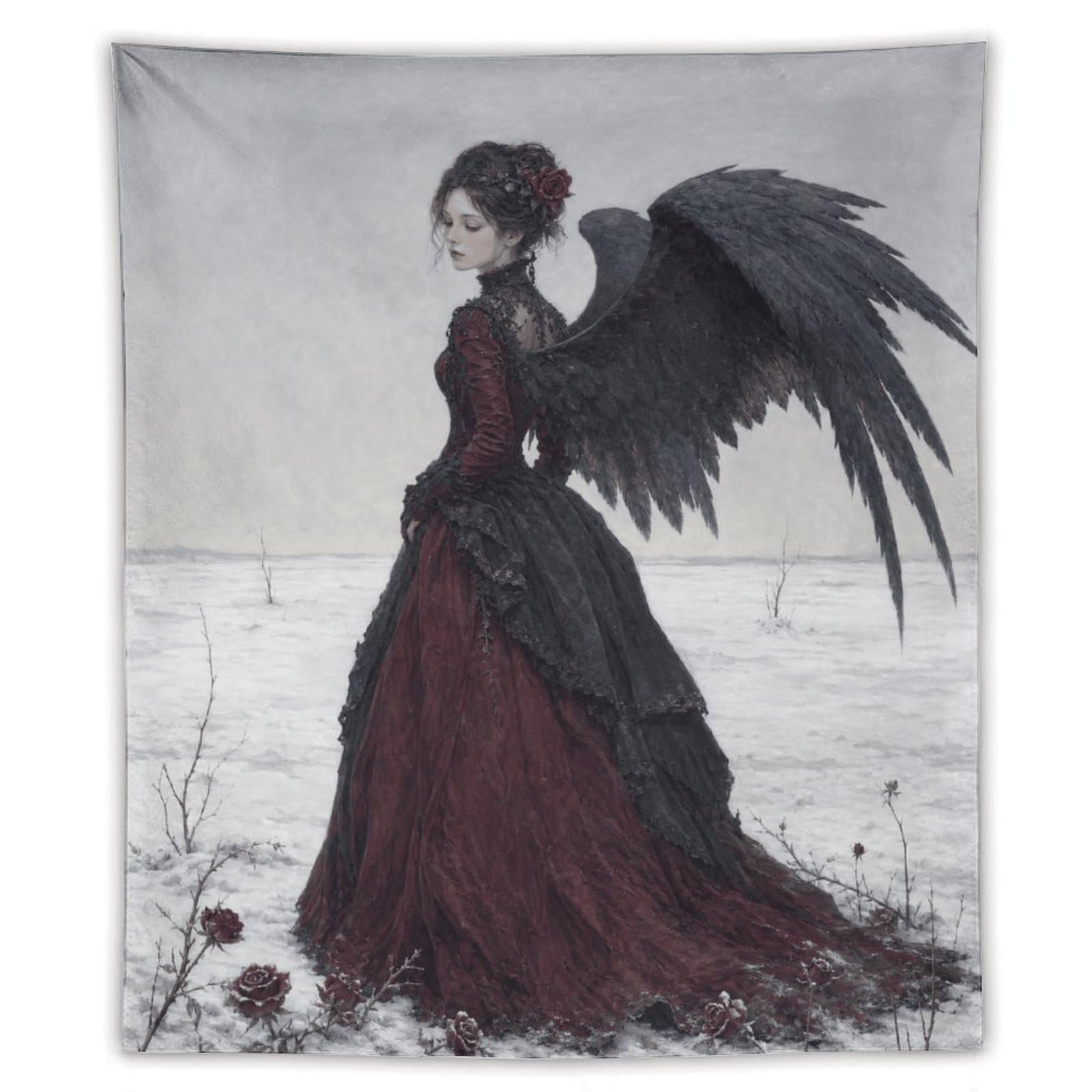 W7C8U2X3 Gothic Winged Woman Wall Tapestry, Fantasy Illustration Style, Bed