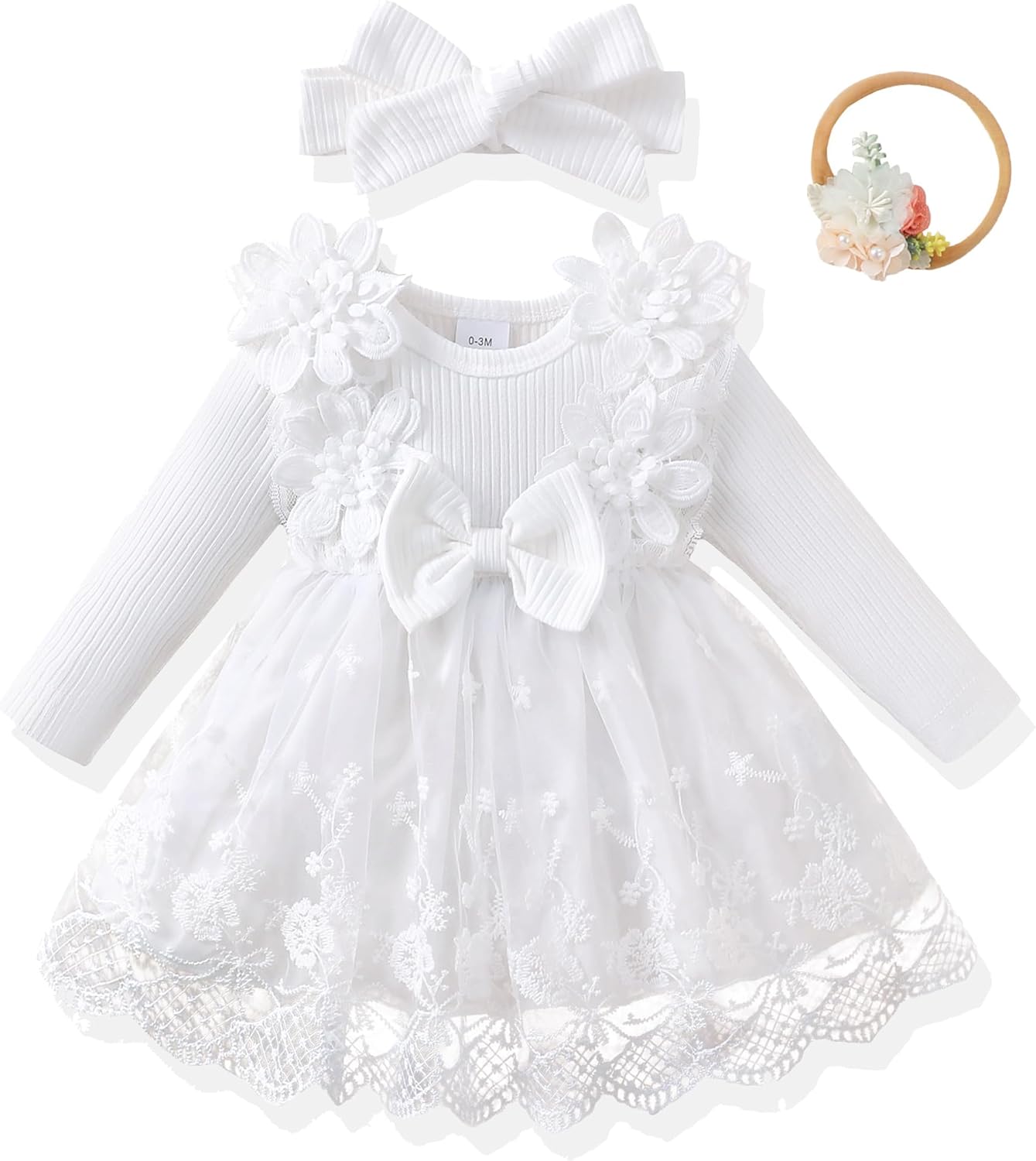 Renotemy Baby Girl Flower Dress Fall Winter, Tutu Tulle Princess Wedding Birthday Party Dresses for Newborn Girls 0-18 Months