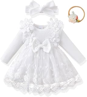 Renotemy Baby Girl Boho Flower Tutu Tulle Dress with Headband - Princess Gown for Wedding Baptism Birthday 0-18 Months