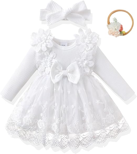 Renotemy Baby Girl Flower Dress Fall Winter, Tutu Tulle Princess Wedding Birthday Party Dresses for Newborn Girls 0-18 Months