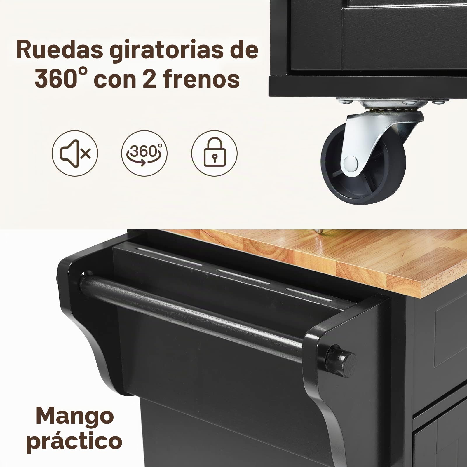 KOMFOTTEU Carrito de Cocina con Ruedas, Carro de Servicio con Encimera de Madera de Caucho, Isla de Cocina con Cajones, Toallero y Estantes Ajustables, Carrito Auxiliar, 122 x 46 x 92 cm (Negro)