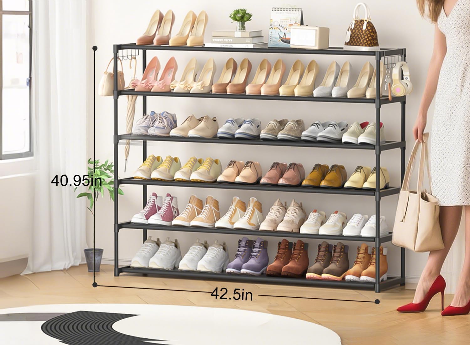 LUKYTOWER Extra Long Shoe Rack 6 Tier 39Pairs, Shoe Storage Organizer with 2 Hooks, Wide Stackable Shoe Organizer Racks for Closet Entryway,Shoe Shelf Stand Sturdy Durable Shoes Holder, Black
