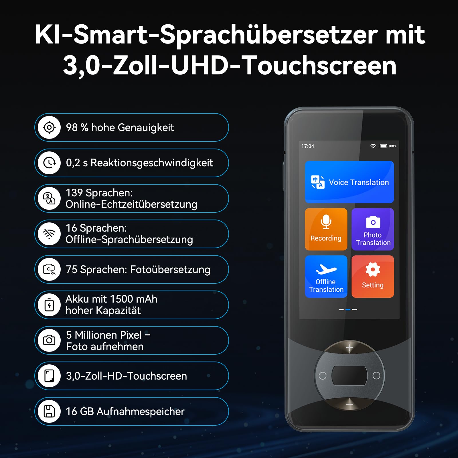 Wooask W10 Sprachübersetzer Echtzeit 140+ Sprachen Wifi Offline Foto Unterstützung Schwarz