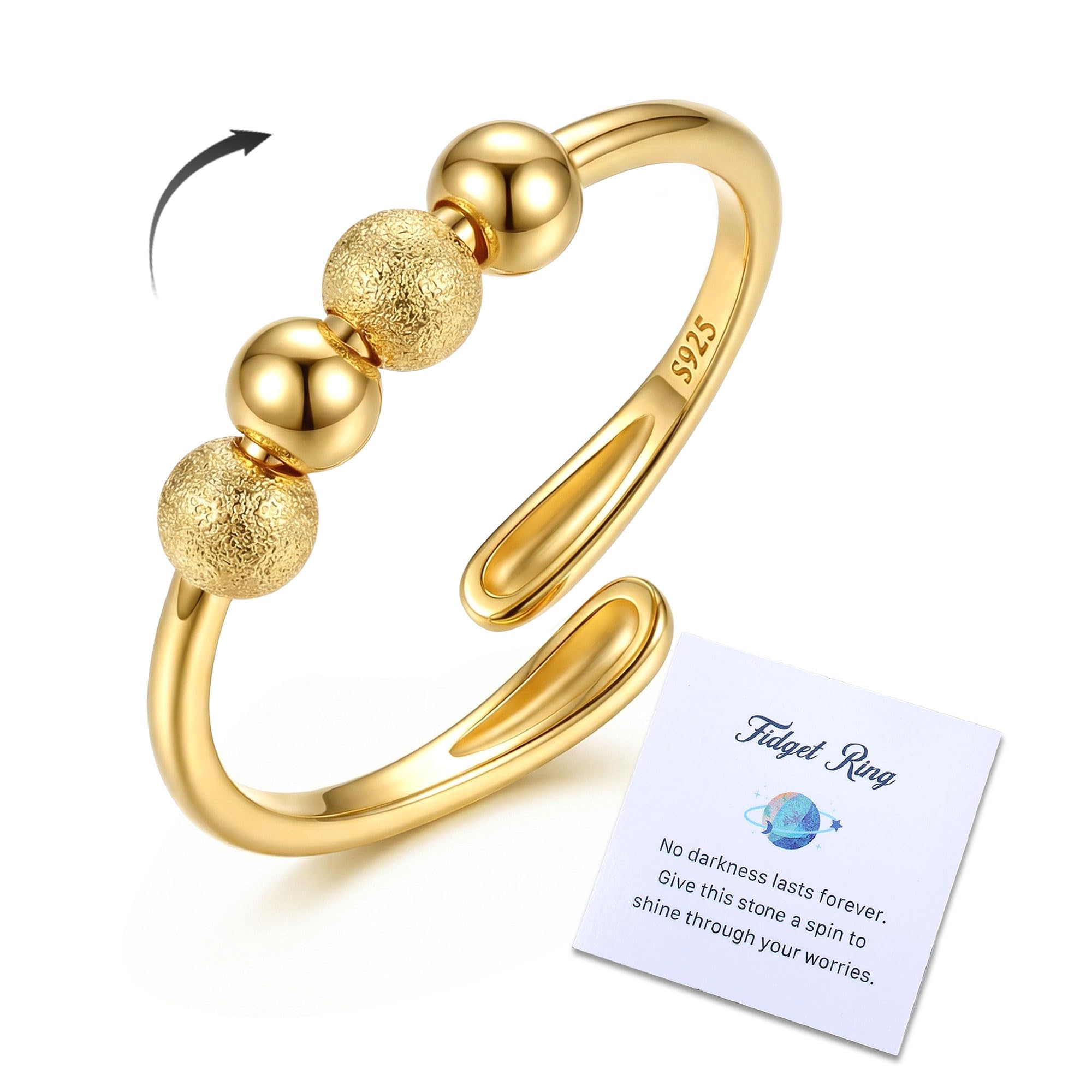 Feng Shui， Anillo antiestrés para Mujer de Plata de Ley 925, Anillo Ajustable para ansiedad con Cuentas, Anillos giratorios para ansiedad, niñas, Oro, Plata, Anillos para aliviar el estrés, Regalos