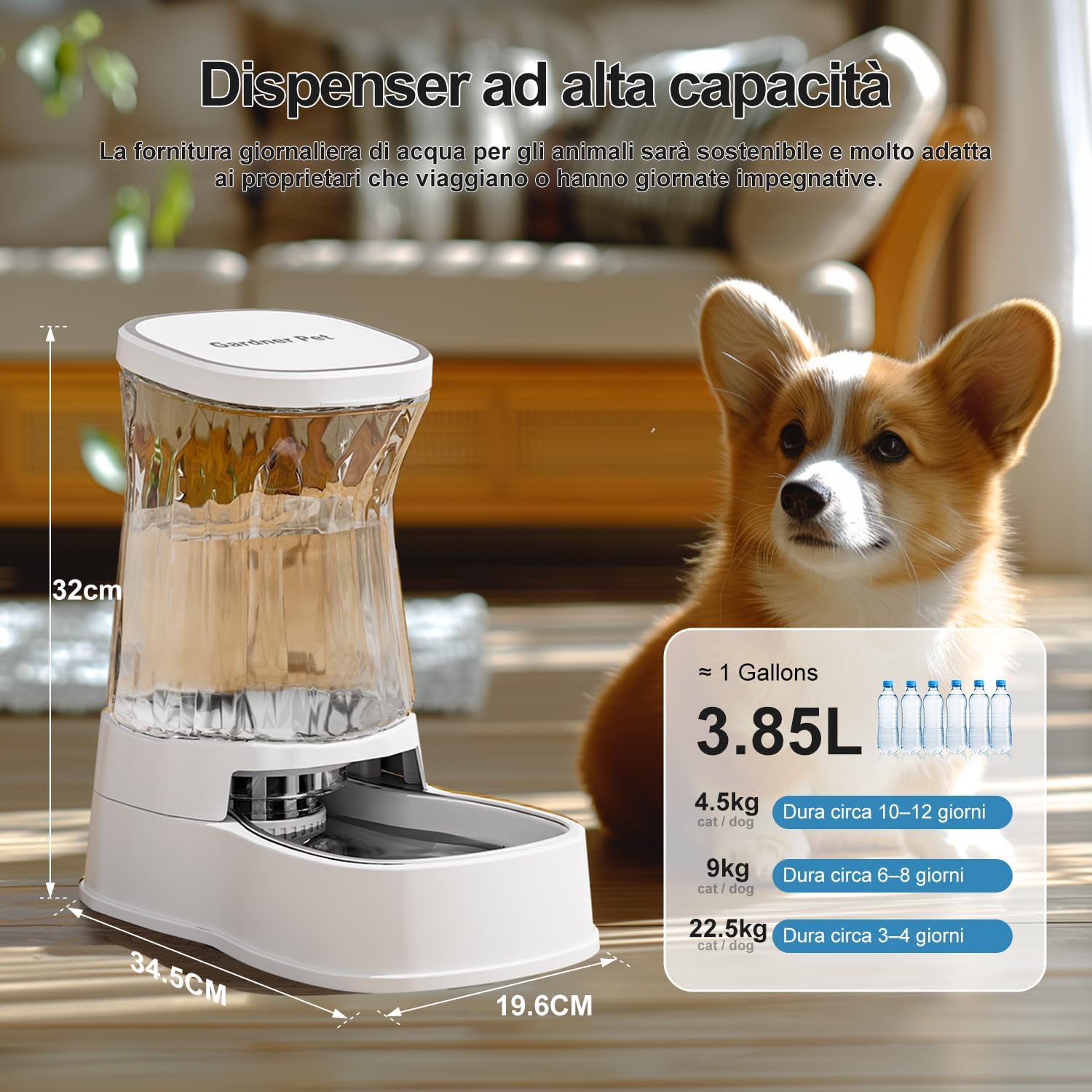 Gardner Pet 3.85L Dispenser Acqua Gatti, Dispenser Acqua Cani con Ciotola in Acciaio Inox, GravitÀ Abbeveratoio per Cani Non è Richiesta ElettricitÀ, Senza BPA, Bianco