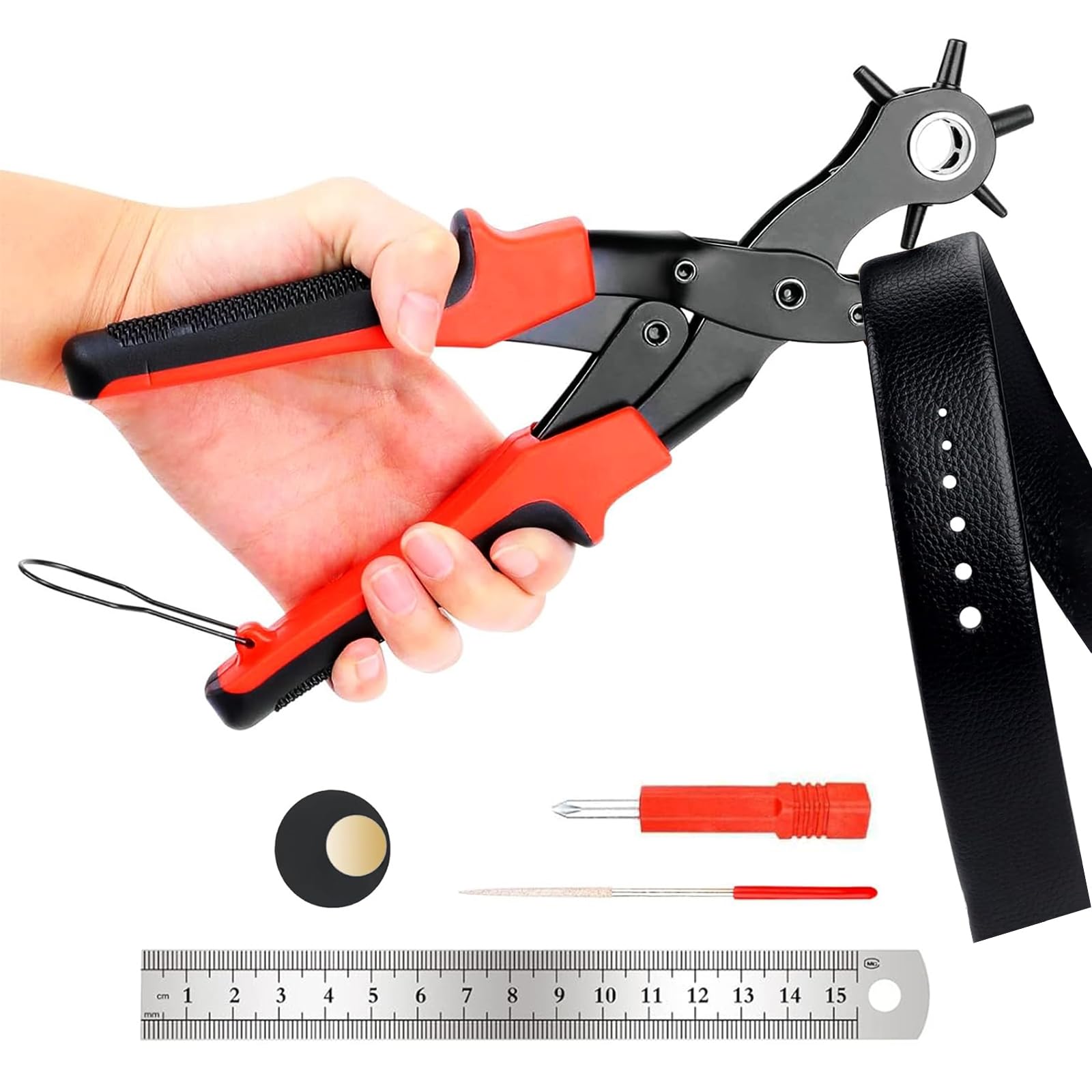 RISVOWO Sacabocados Cuero, Agujeros Cinturon Sacabocados con 6 Tamaños 2-4.5 mm, Pinza de troquelado giratorios, Herramienta de Alicate para perforar tarjetas, correas de reloj, zapatos de cuero