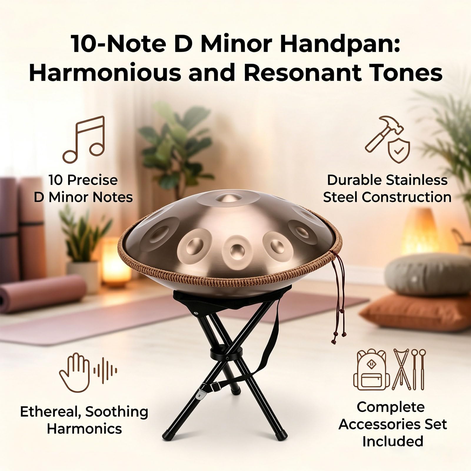 Handpan Drum – Tambour à main professionnel en acier azote avec support, sac à dos de transport, baguettes et chiffon de nettoyage – 55,9 cm – 440 Hz – 10 notes – Doré