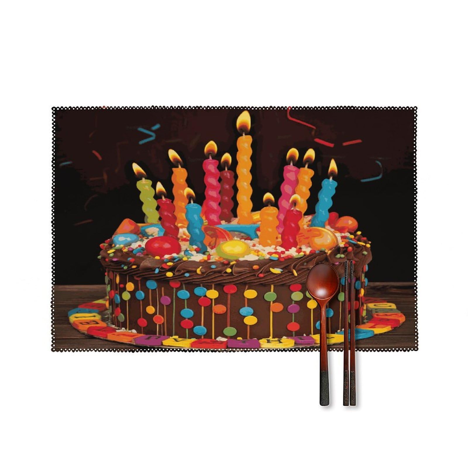 Happy Birthday Big Cake Placemats Washable Canvas Place Mats Decoration Placemat for Dining Table Easy to Clean Tables Mat Set of 6 for Kitchen Dining Room Coffee Table