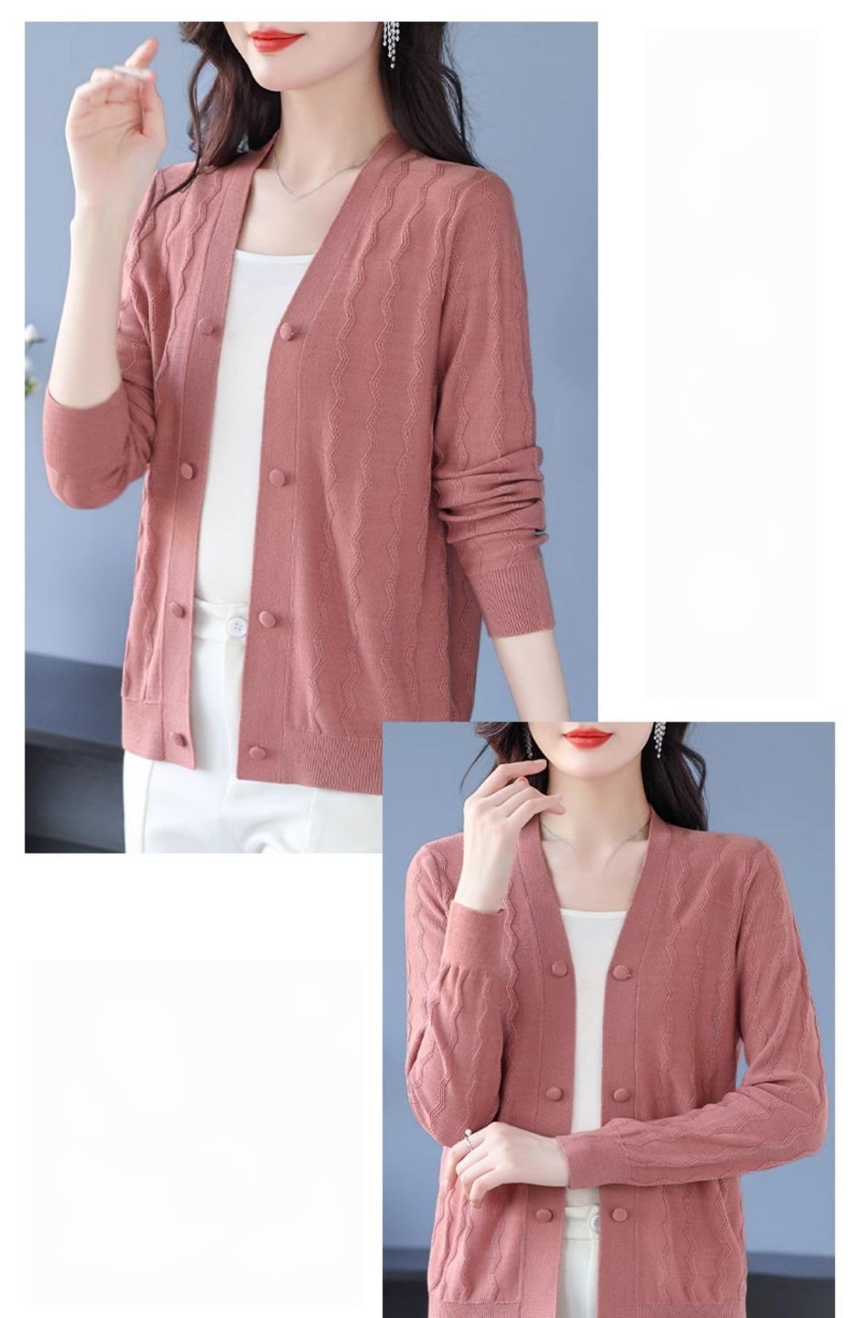 Chaqueta De Punto Mujer, Cárdigan De Manga Larga para Mujer, Abierto Al Frente, Informal, Ligero, De Punto, Beige, con Cuello En V, Botones, Tejido Jacquard Ondulado, Chaqueta De Verano,
