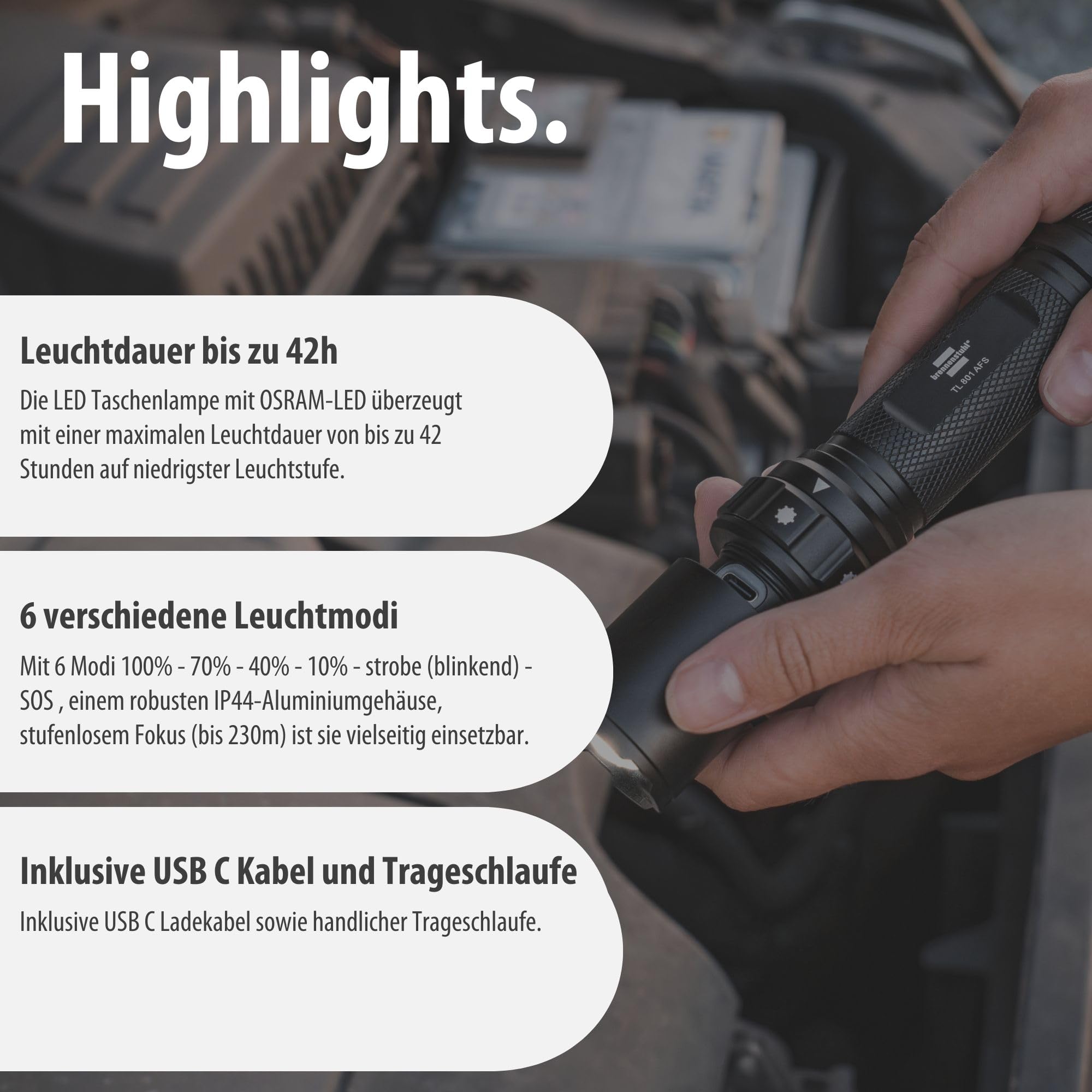 Brennenstuhl Akku Fokus Selektor LED Taschenlampe TL 801 AFS IP44, 800lm