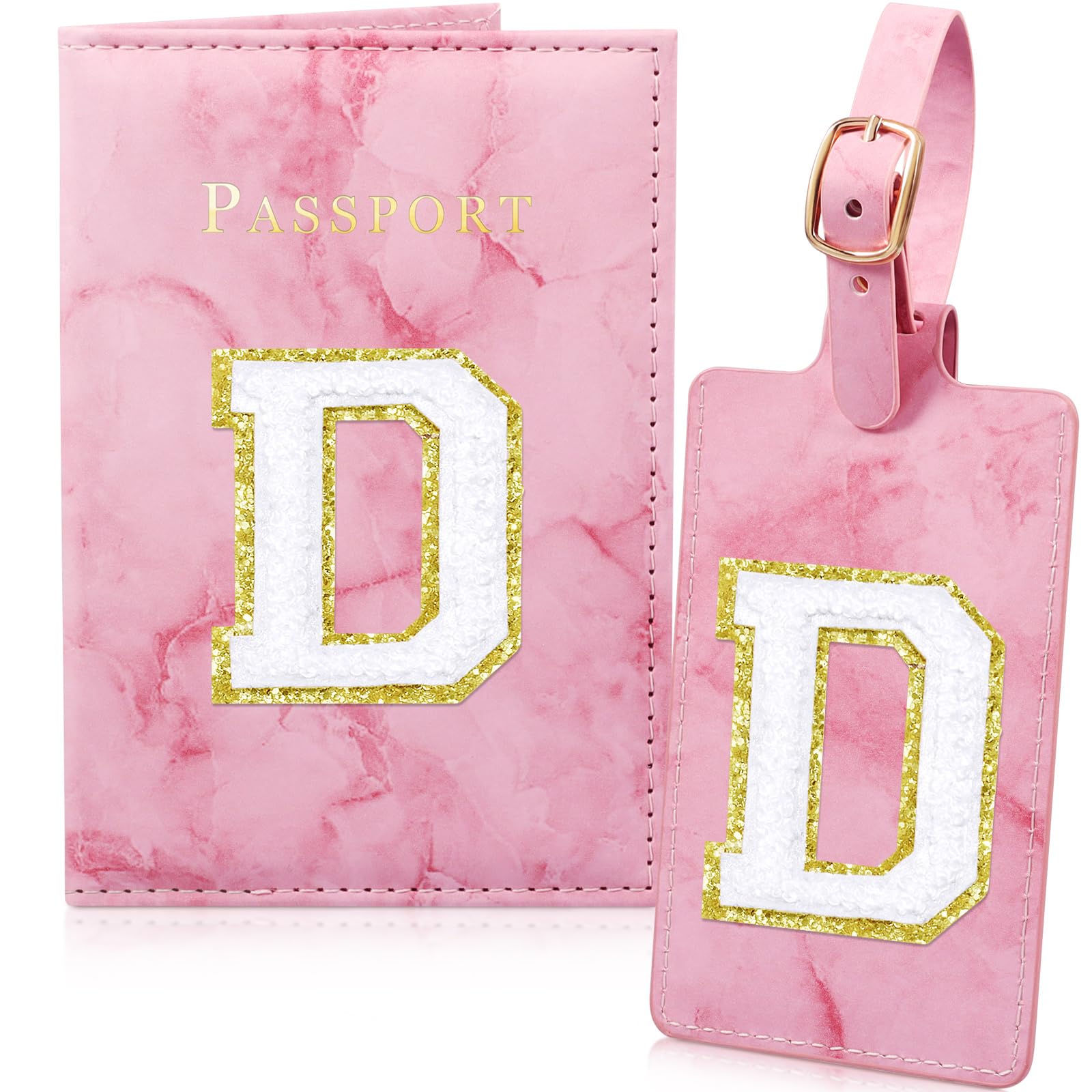 Pink Passport Cover Cute Passport Book Holder for Travel Luggage Tag Set with Initial Monogram Letter Marble Airplane Travel Essentials Personalized
