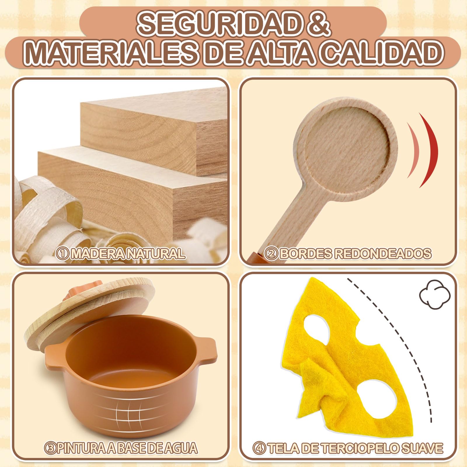 VBACALA Accesorios Cocina Juguetes para Niños,46 Piezas Cocina Juguete Madera con Ollas,Vajilla,Alimentos Cortables,Bolsa de Almacenamiento,Regalo Juego de rol de Cocina para 3+ Años Niños y Niñas