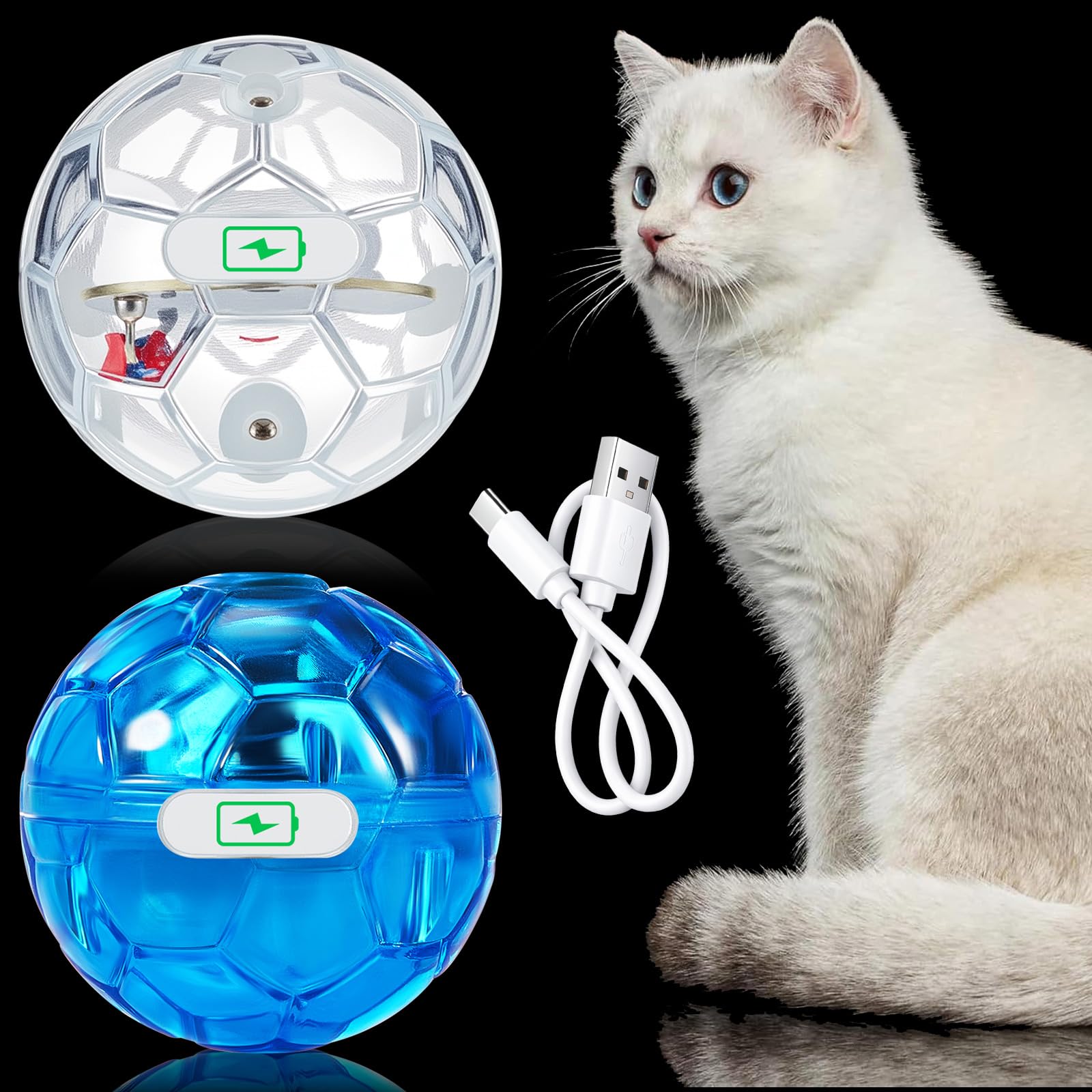 Sratte 2 Pcs Rechargeable Cat Ball Ghost Hunting Light up Cat Balls Toys Motion LED Motion Activated Flash Glowing Lighted Dog Interactive Toys Pet (Blue)