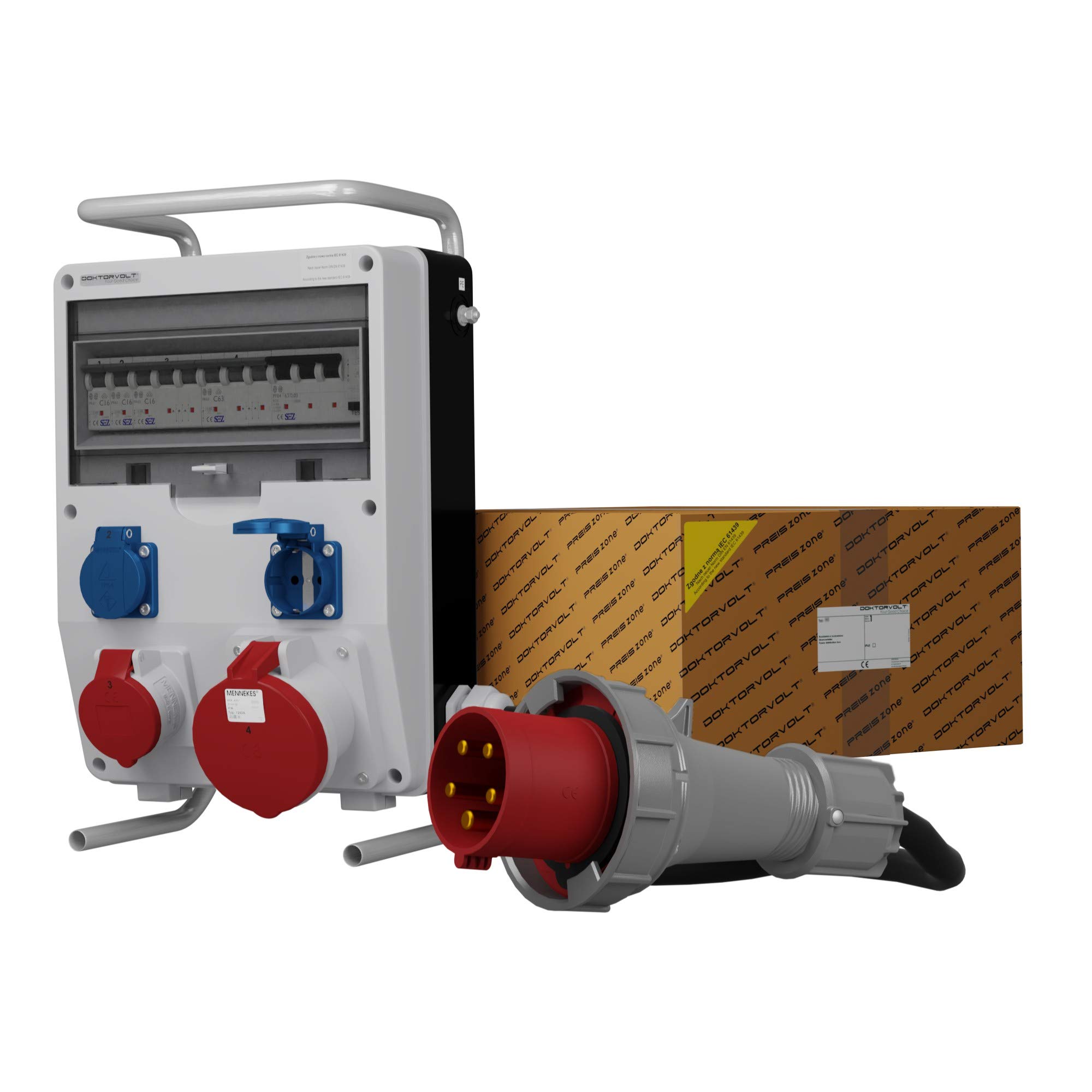Doktorvolt Stromverteiler Baustromverteiler Verteilerkasten Steckdosenverteiler Mobilverteiler TD-S/FI 1x63A 1x16A 2x230V Dosen Mit Kabel 5x10mm2 0304