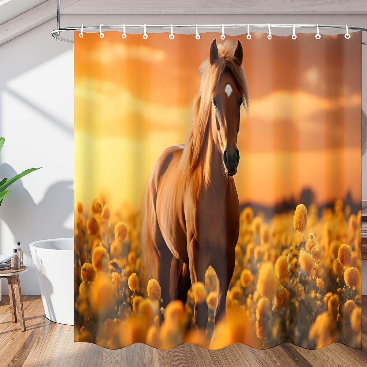 Rideau de douche motif cheval et tournesol pour une décoration de salle de bain nature