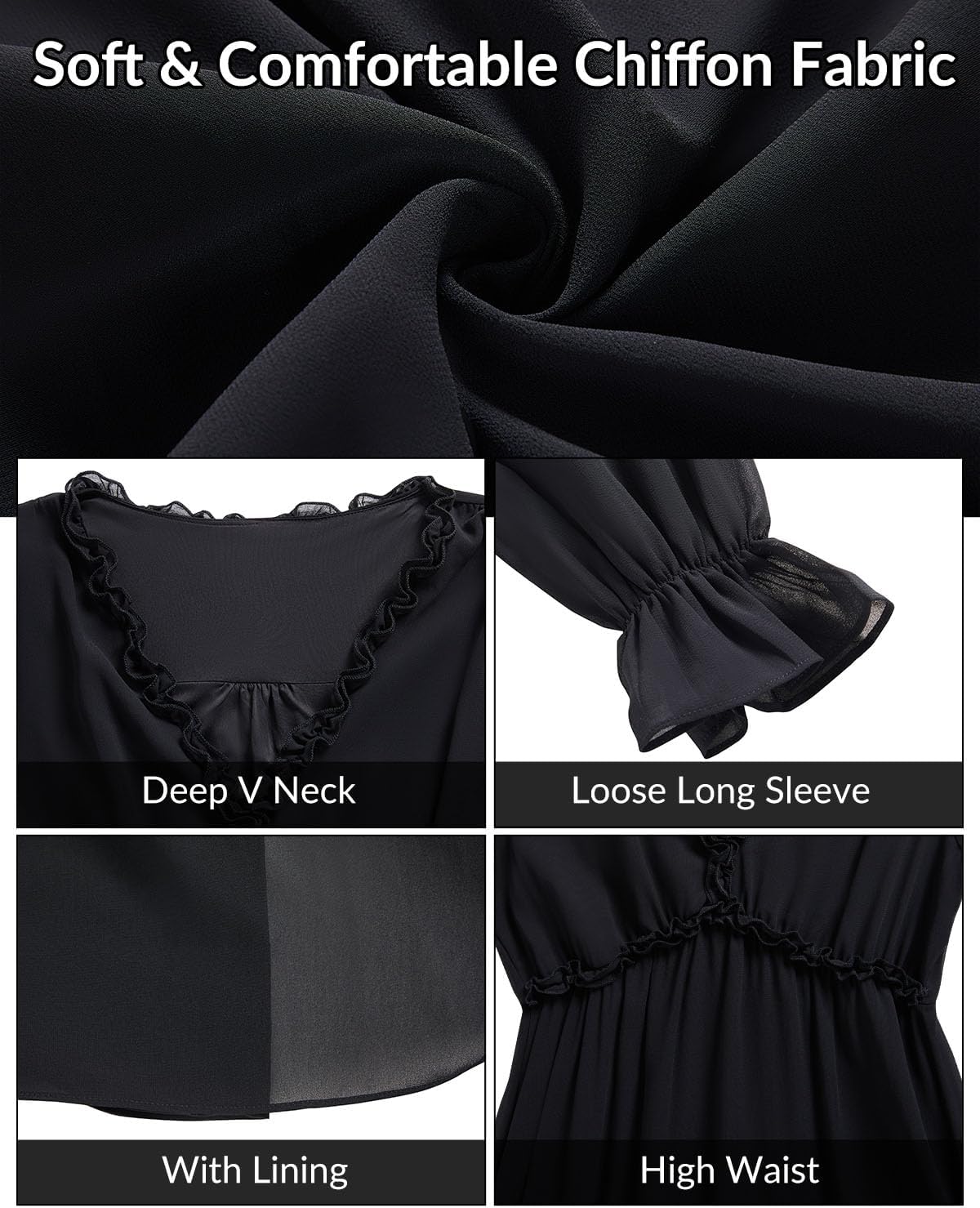 Women Fall Dress Long Sleeve - Chiffon Casual Maxi Long Flowy Boho V Neck Dresses - Image 5