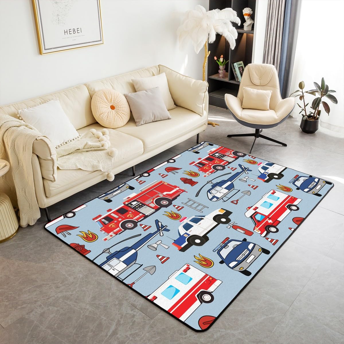 jejeloiu Police Car Area Rug 4x5 Fire Truck Indoor Floor Mat Kids Teens Policeman Vehicle Rugs for Living Room Bedroom Airplane Pattern Red Blue Accent Rug