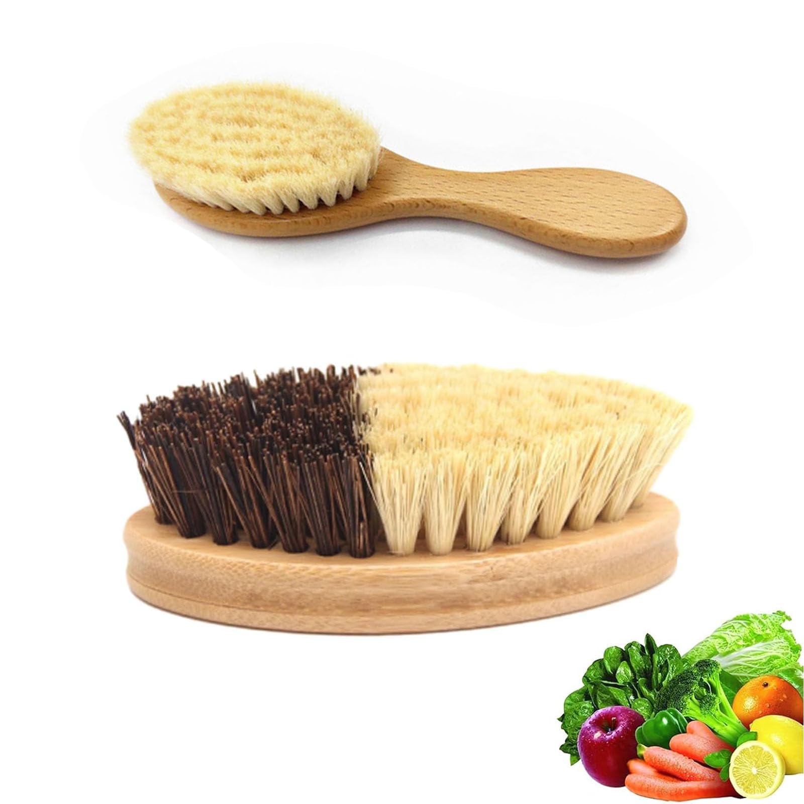 2 cepillos de cocina de madera, cepillo para verduras y setas, cepillo para verduras, madera, 11 x 5 cm, cepillo para patatas, cepillo de cocina para verduras y frutas para patatas, zanahorias y