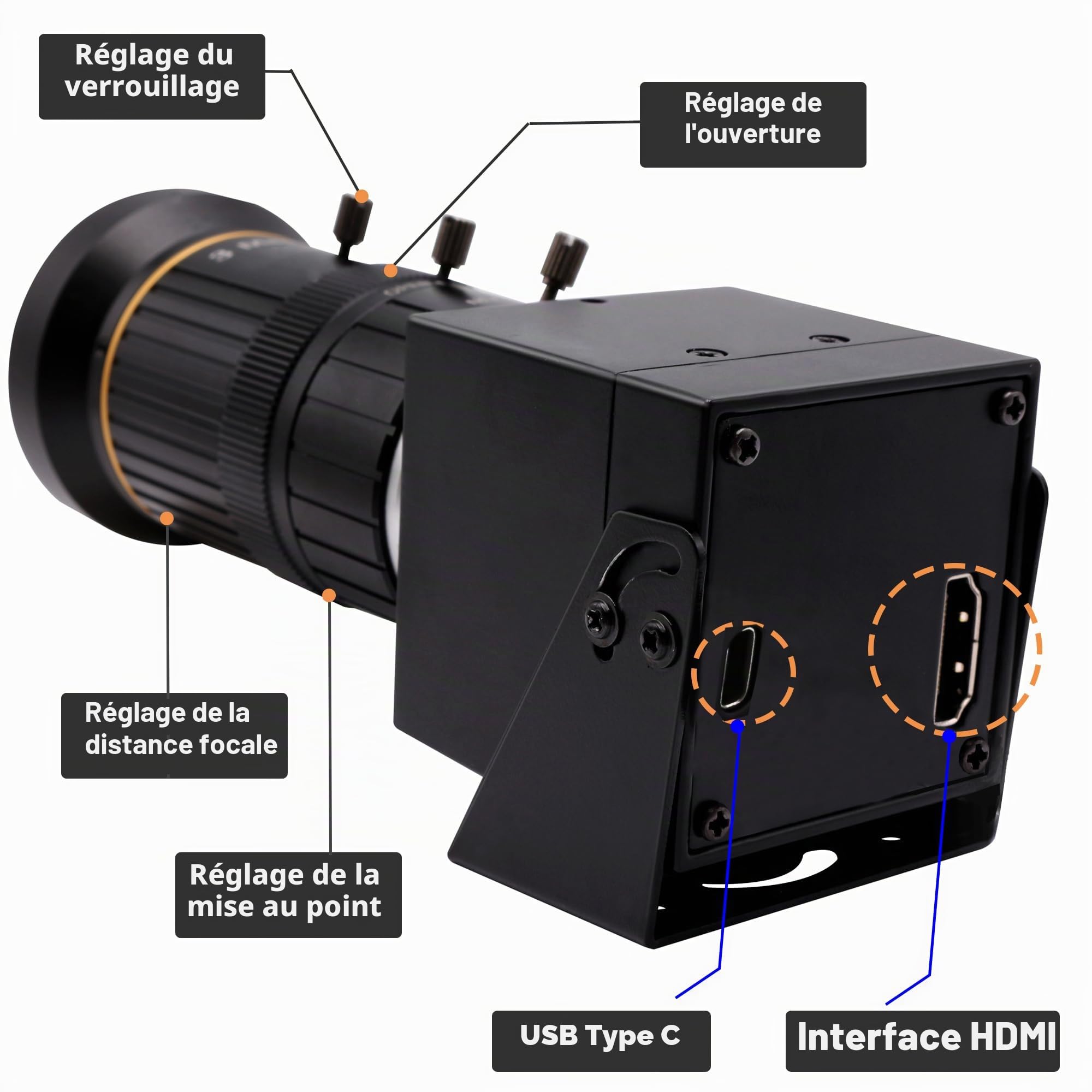 SVPRO Caméra HDMI USB 4K 60fps USB3.0 Webcam avec Objectif téléobjectif 5-50mm, caméra de Microscope Industriel à Zoom Optique 10X Webcam de Streaming H.264 pour Ordinateur, Moniteur, TV, projecteur