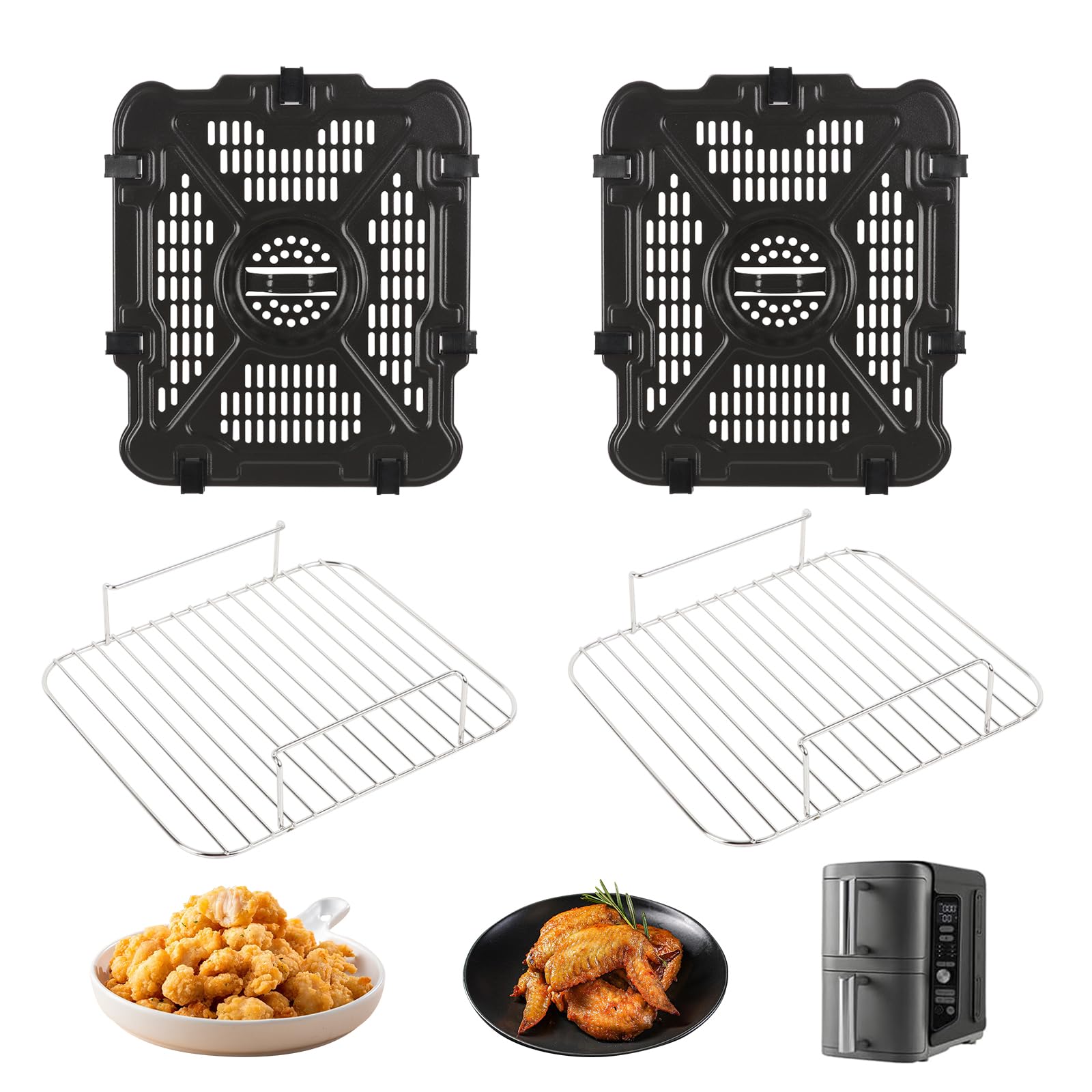2 Stück Air Fryer Grill Pfanne für Ninja SL401 Dual Stack XL 2,Ersatz Airfryer Crisper Plate Grill Tray Zubehör,Air Fryer Replacement Parts Grillplatte Tray mit Gummipuffer und Halterung