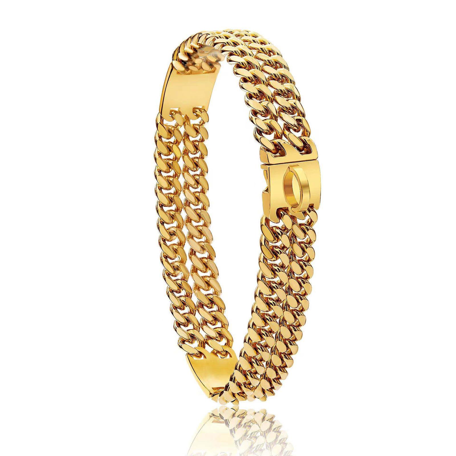 Collare per Cani a Doppia Catena, Collare a Strozzo a Catena in Acciaio Inossidabile Resistente con Maglia Cubana, Regolabile con Fibbia di Sicurezza di Design(Size:60cm/24in,Color:Oro)