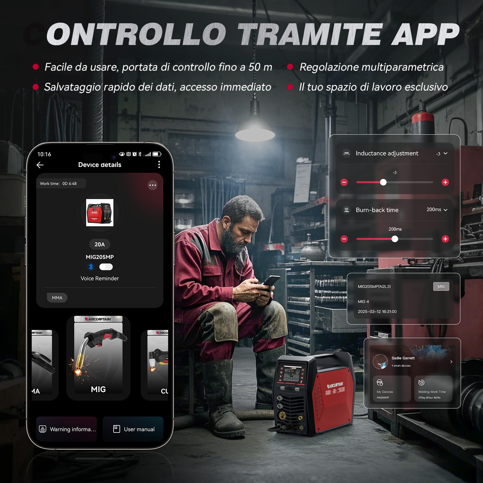 ARCCAPTAIN MIG205MP Saldatrice 9‑in‑1 con controllo iControl App/Plasma Cutter/Pulsed MIG/Flux Core/Spool Gun/DC HF‑Lift TIG/Clean/MMA per alluminio 230V Multi‑processo