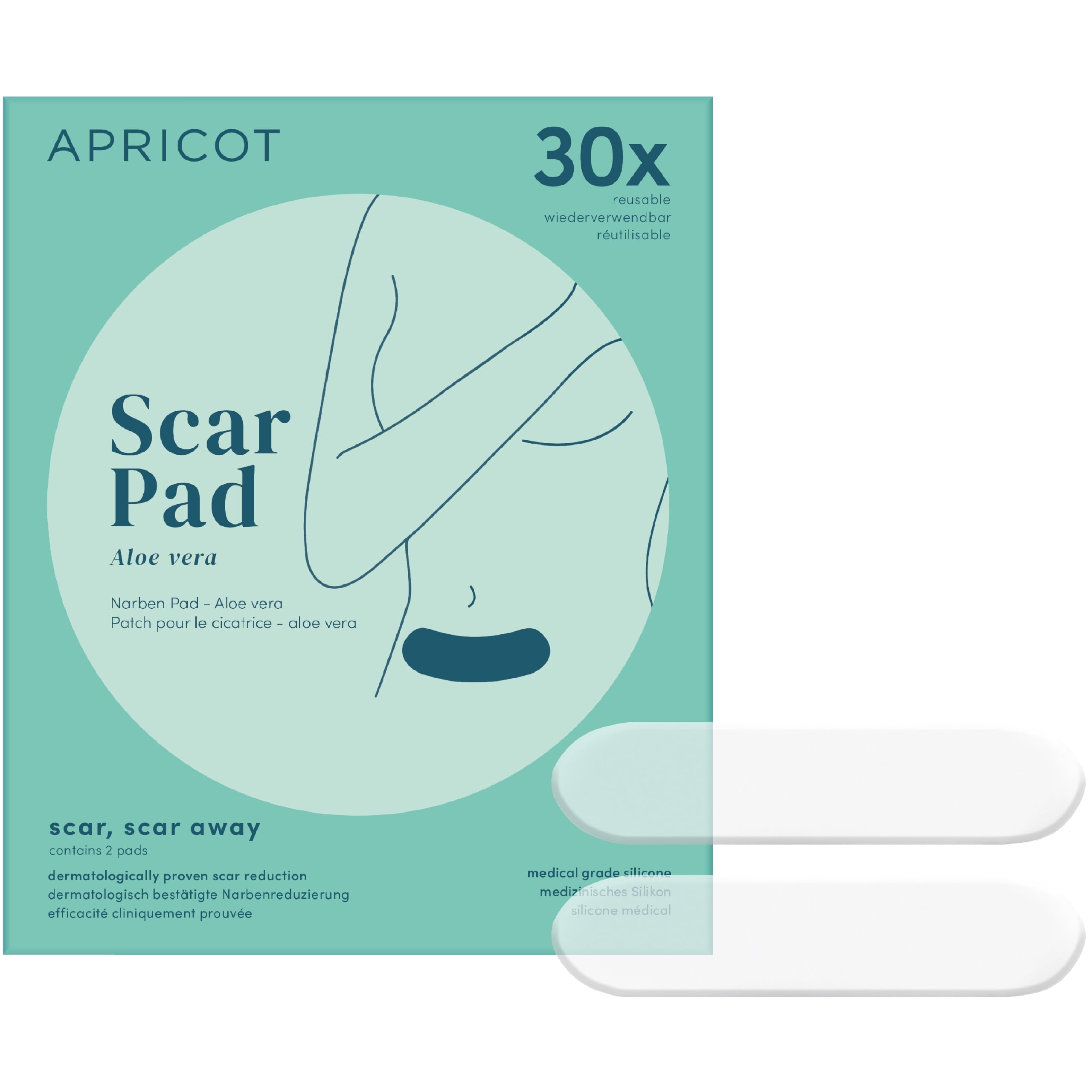 APRICOT 2x Silikon Narben Pad mit Bio-Aloe Vera aus medizinischem 16,5cm x 3,5cm - 30x Wiederverwendbar - Silikonpflaster für Narben, Narbenpflaster Silikon, Kaiserschnitt Narbenpflege OP