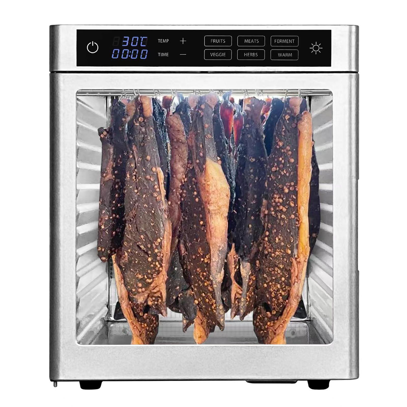 Dörrautomat Edelstahl mit 12 Edelstahlgitter - 800 W - 6 Voreinstellungen für Dörrgerät Dehydrator Obsttrockner Dörrapparat