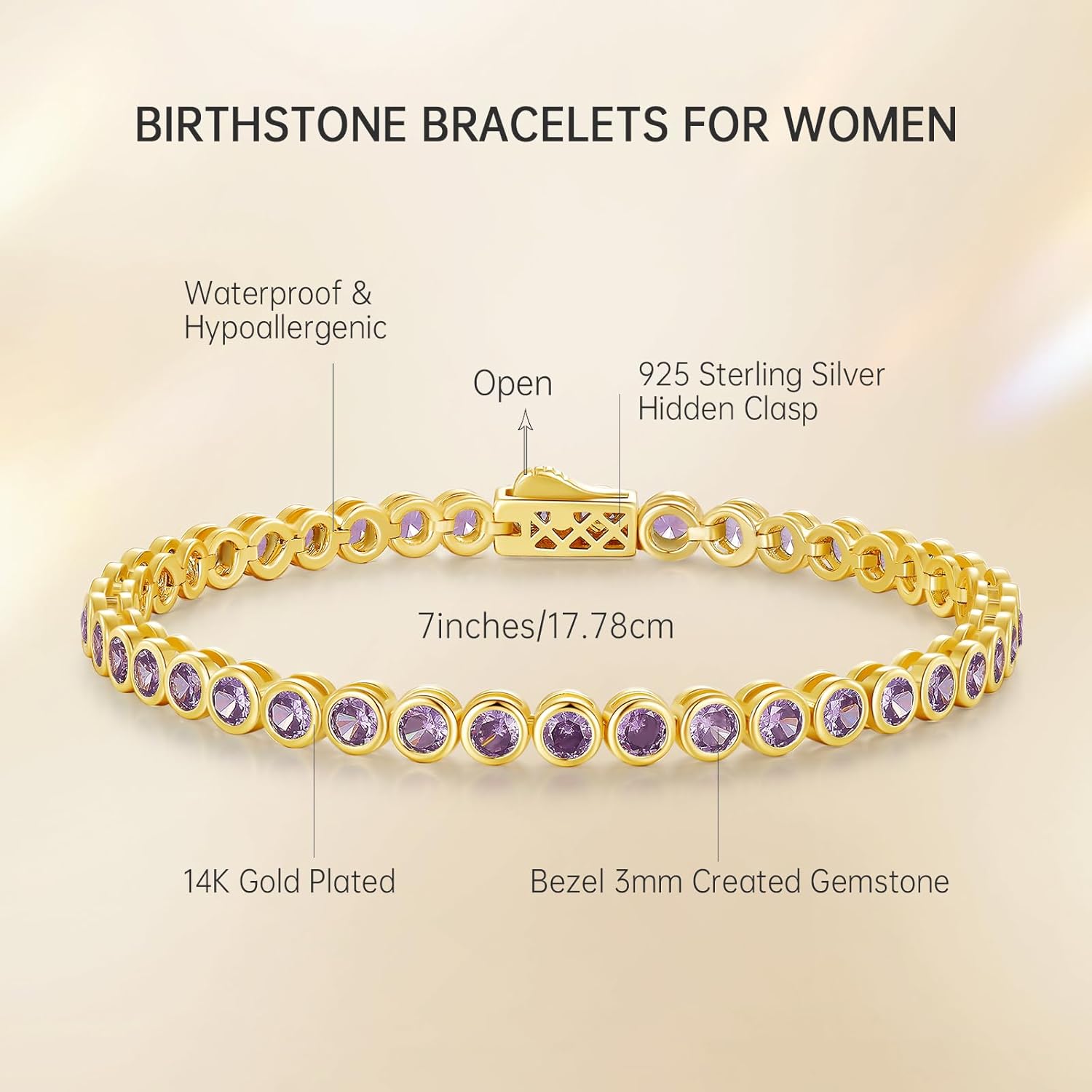 Birthstone Tennis Bracelets for Women, 925 Sterling Silver 14K Gold Plated Bracelet 4mm Round Cubic Zirconia Bezel Setting, jewelry Gift for Women Mom Wife Her on Anniversary Birthday, 7 Inch - Image 3