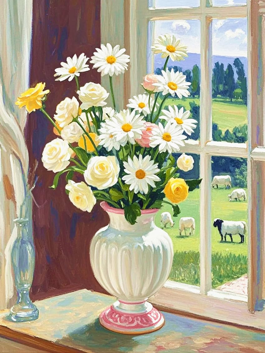 ZRIZQ Paint by Numbers for Adults Beginners,Flowers Window Adult Paint by Number Kits on Canvas,Paint by Numbers for Home Wall Art Decor 16x20 Inch（