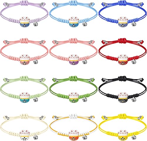 Kigeli 12 pulseras de gato de la suerte, pulsera de Maneki Neko, ajustable, cuerda de la fortuna, Feng Shui, pulsera de cuentas de cerámica de gato