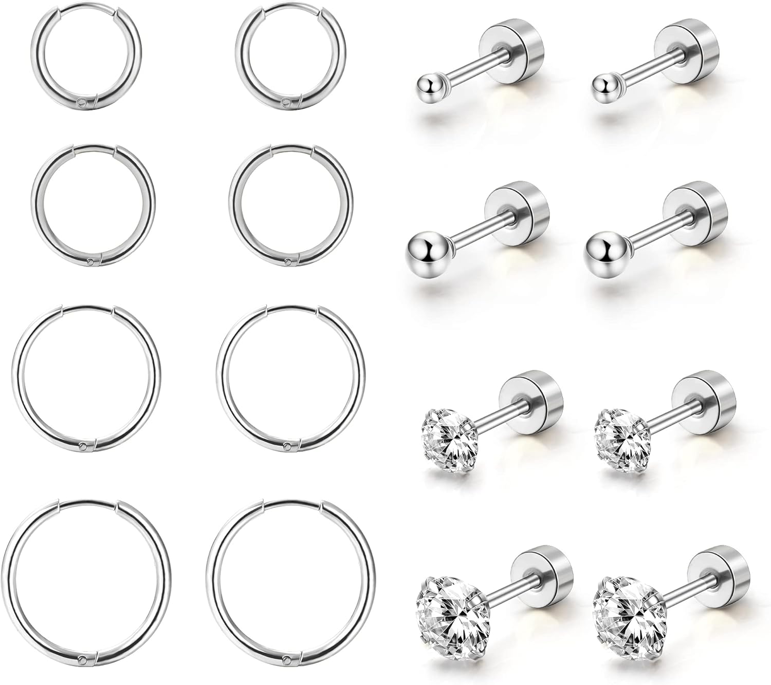 Dochais 8 Pares 316L Pendientes De Acero Quirúrgico, 14K Chapado En Oro Circonio Cúbico Ronda Stud Pendientes, Hipoalergénico Cartílago Huggie Hoop Pendientes, Multi Piercing (Oro, Plata)