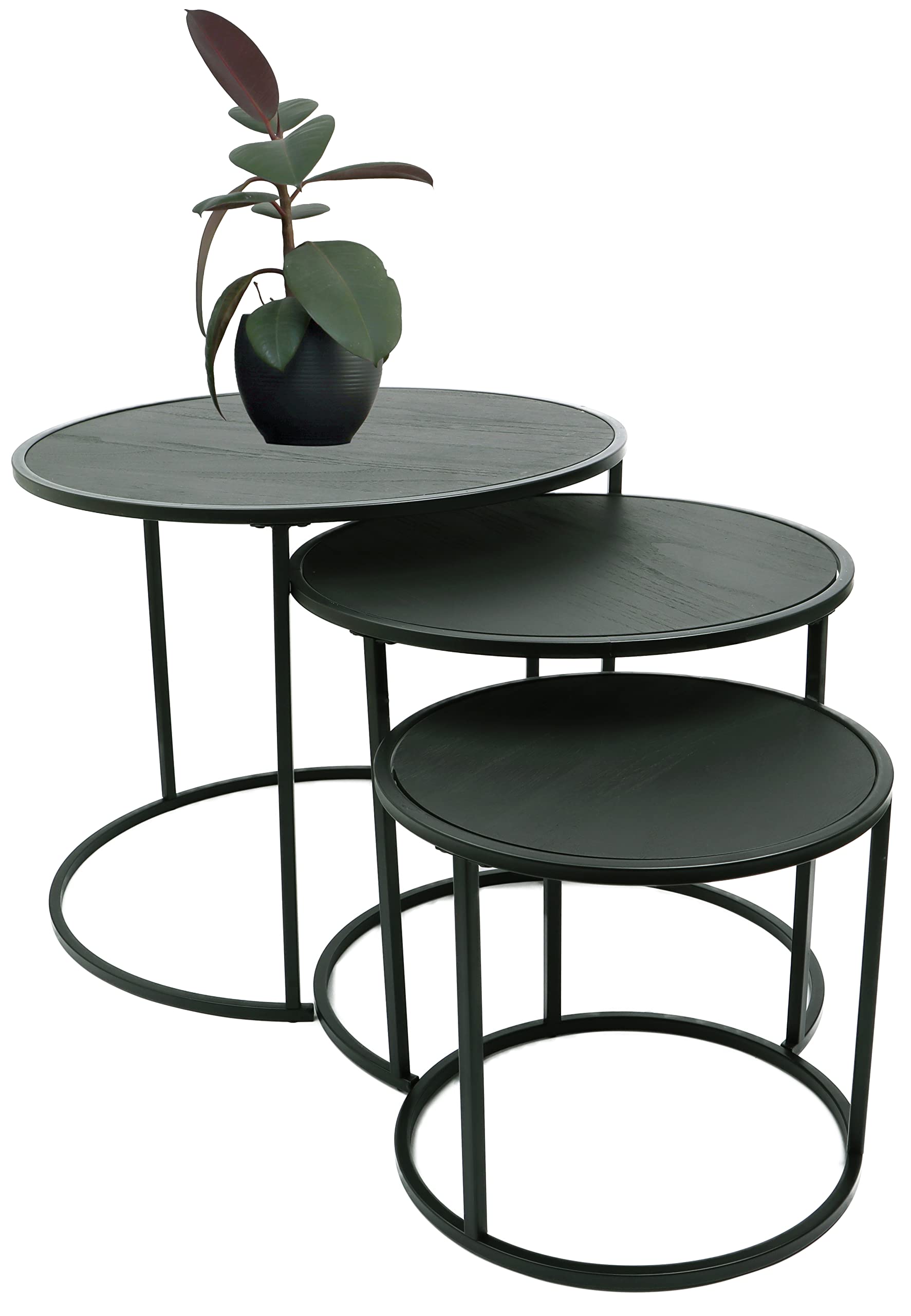 DIVCHI Runde Nesting 3er Set, Moderne Holzoptik mit Metall Schwarz Sockel, Couchtisch Beistelltische für kleine Räume, Nachttisch Nachttisch für Wohnzimmer, Schlafzimmer, Balkon