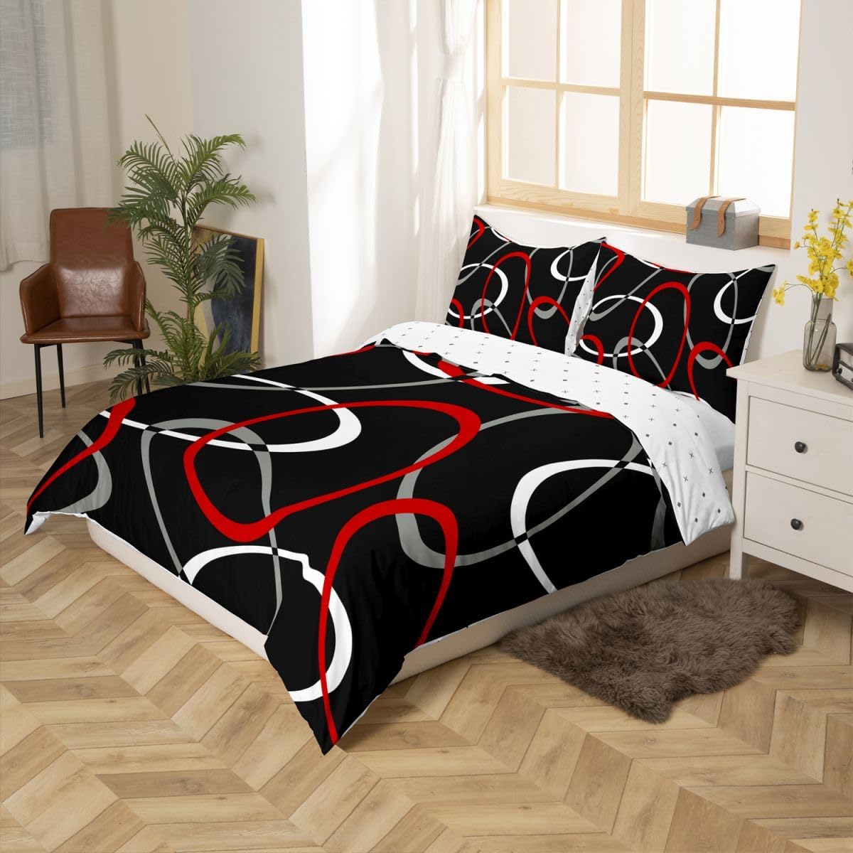 Feelyou Kids Red and Black Bedding Set King Size Abstract Lines Duvet Cover for Boys Girls Teens Bedroom Decor Geometric Comforter Cover Set Modern Art Red Bedspread Cover with 2 Pillow Cases