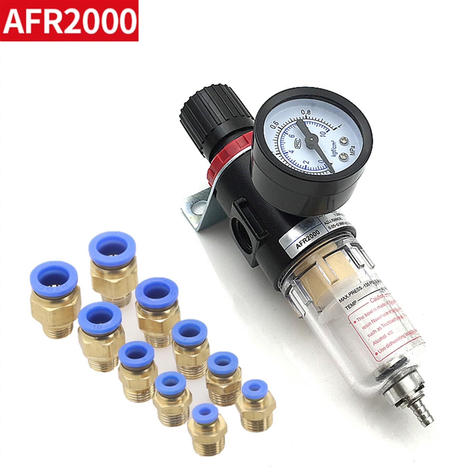 Filtro di trattamento della sorgente d'aria pneumatica AFR2000 Manometro regolabile 1/4 "Raccordi di scarico della pressione 4mm 6mm 8mm 10mm 12mm(AFR2000-10mm)